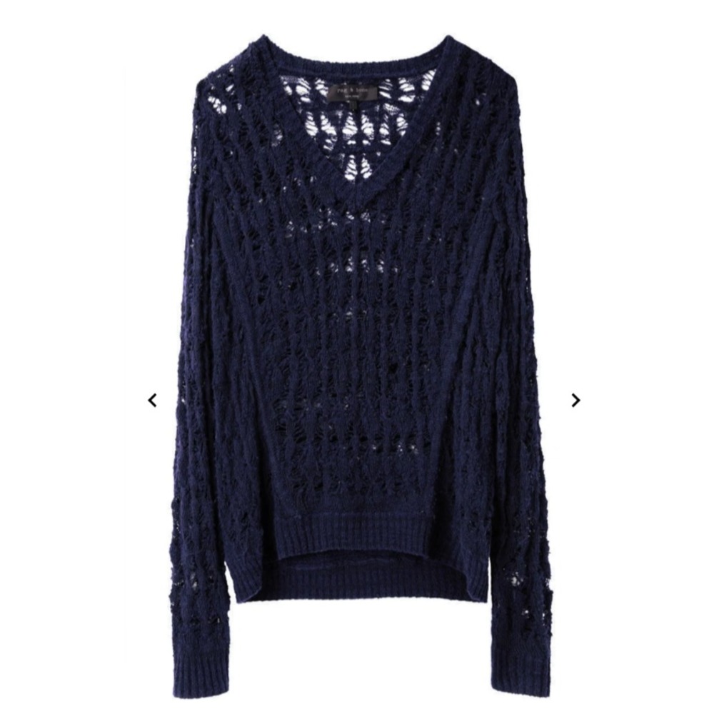 Rag & Bone Vicky Sweater Womens Large Navy Blue Open Knit Angora Distressed